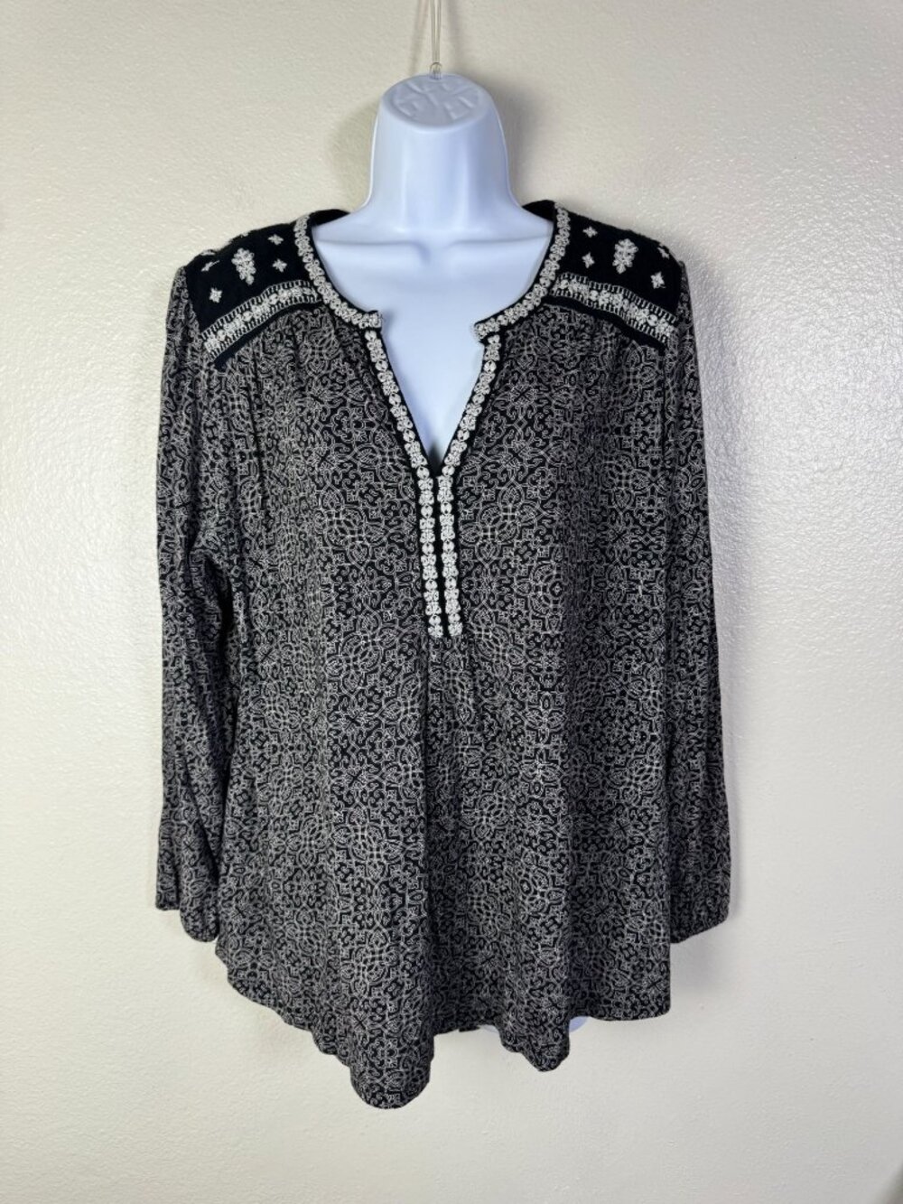 Lucky Brand Boho Peasant Black Long Sleeve Tunic Top Embroidered Plus Size 2X